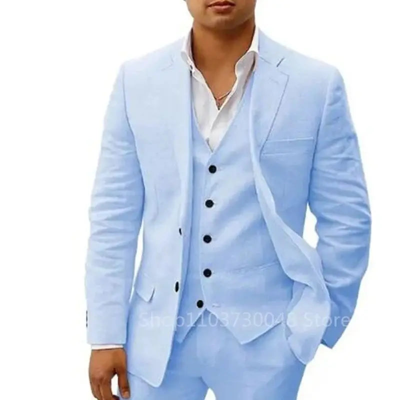Light Blue/Beige Linen Notch Lapel Slim Fit Summer Men Suits 3 Piece Groom Tuxedos Blazer Pants Sets Wedding Prom Costume Homme