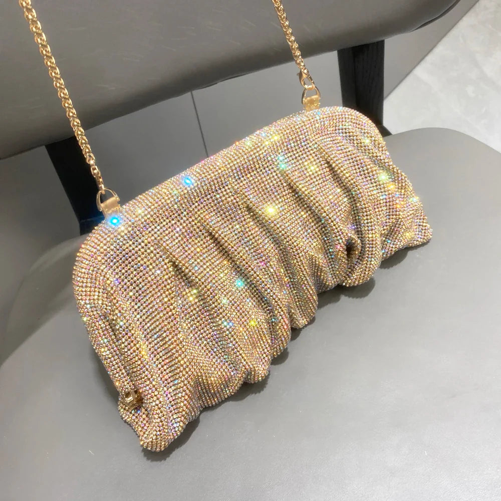 Shiny Handle Rhinestones Handmade Evening Clutch Bags New Folds Purses And Handbags Luxury Designer Wedding Party High Quality