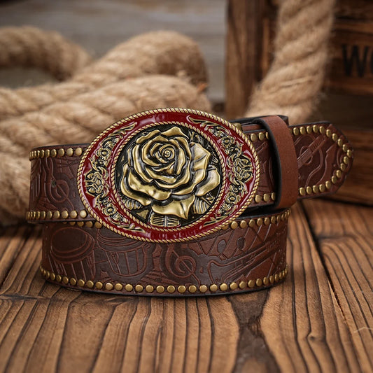Men & Women-Western-Cowboy-PU Leather-Belts - Vintage Horse Belt Floral Engraved Buckle Belt for Jeans
