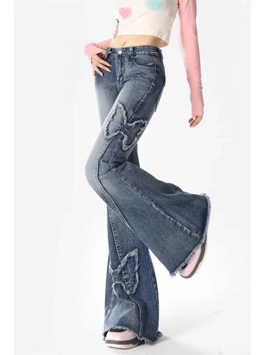 Summer New Vintage Splicing Micro Flared Denim Jeans Women plus Size High Waist Loose Slimming Frayed Pants