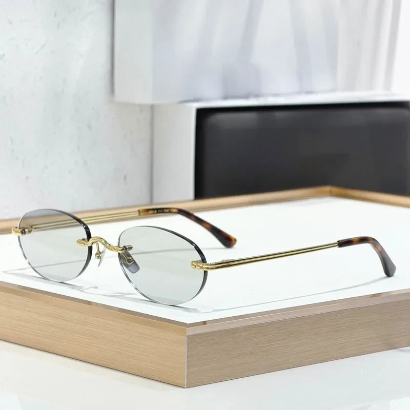 CLEO Small Oval Rimless Women's Sunglasses Alloy Men High Quality Fashion Design UV400 Handmade High Street Eyeglasses Wtih Case