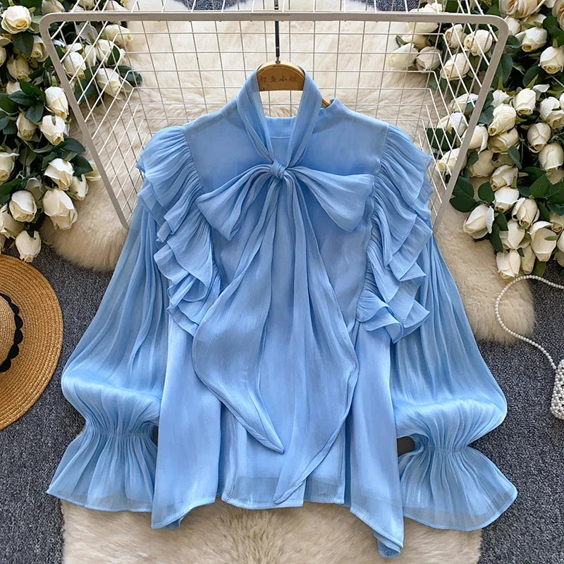 Women Spring Autumn Shirt Fashion French Retro Casual High-end Polka Dot Blouse with Bubble Sleeves Bow Design Top S263
