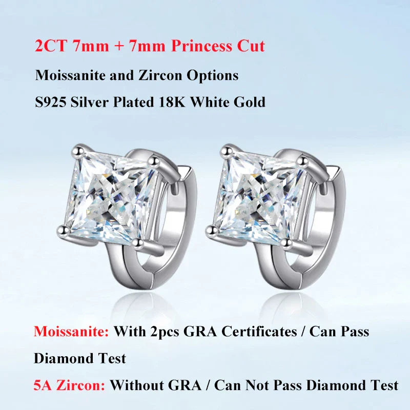 Princess Cut 1CT 2CT D Color Small Moissanite Hoop Earrings For Women s925 Silver Plated 18k Hook Earring Ear Buckle Gift