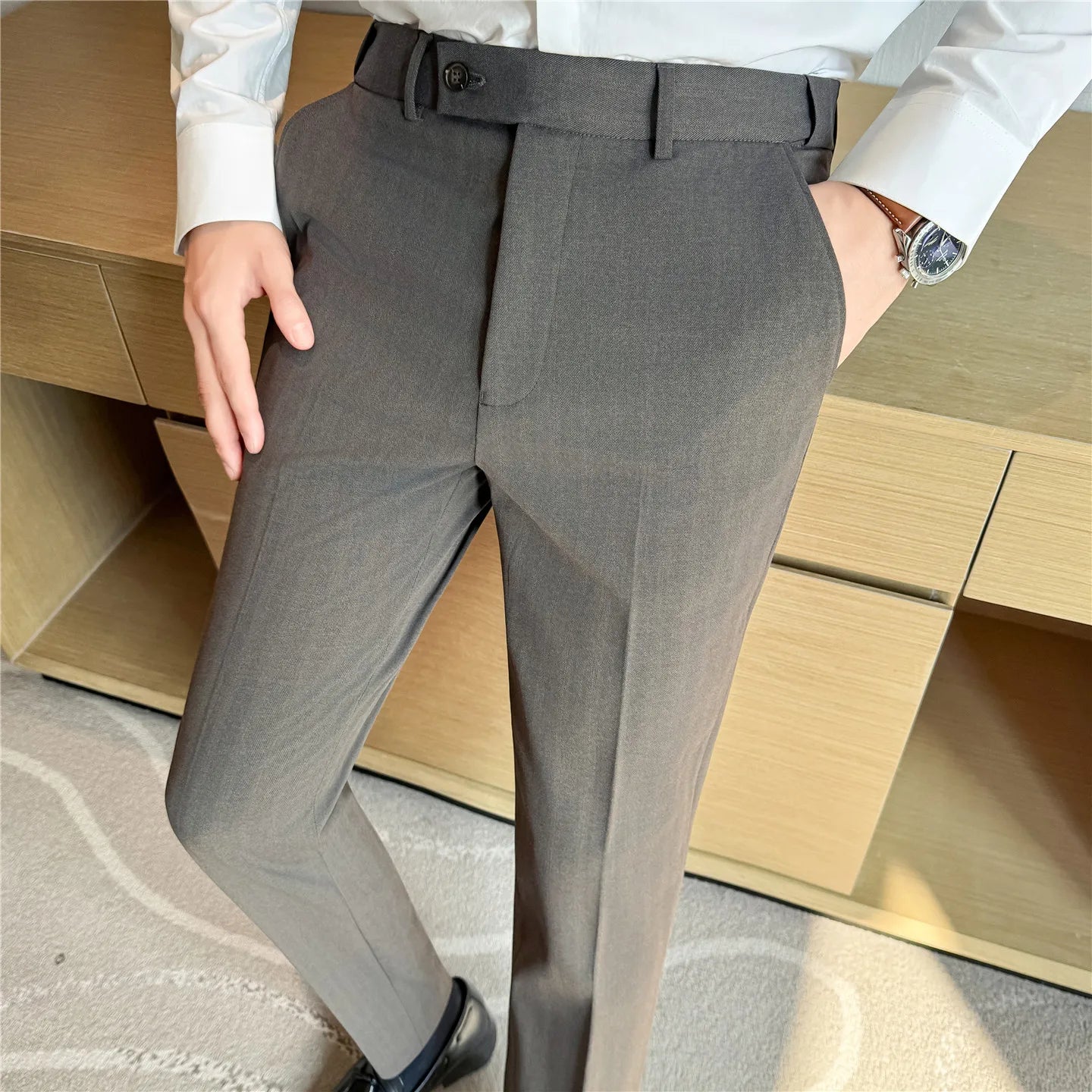 High Quality Pinstripe Slim Fit Suit Pant Men Stretchable Elastic Waist Slim Fit Business Social Wedding Party Casual Trousers