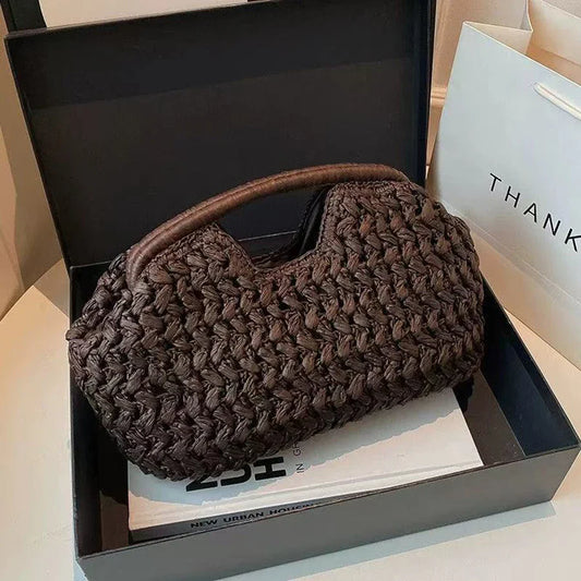 Natural Fiber Snap Clutch Bag,Spanish Seaside Women's Straw Woven Handbag,Summer Beach Travel Vacation Evening Elegant Purse