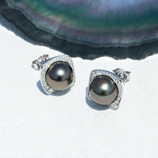 9-10mm Natural Tahitian Pearl Stud Earrings With Cer S925 Sterling Silver High Luster Seawater Pearl Earrings For Woman