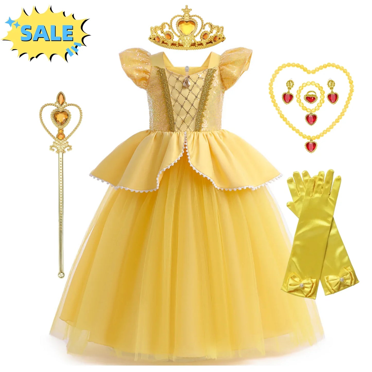 Beauty Beast Halloween Girl Princess Belle Costume Christmas Festive Evening Party Fancy Fairy Yellow Shoulderless Long Dresses