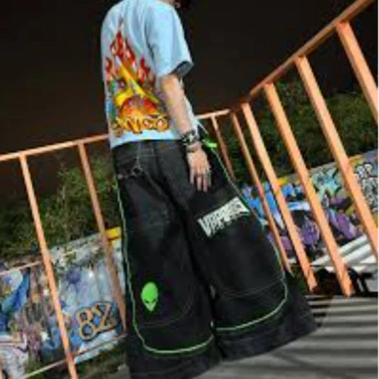 2025 European and American autumn winter jeans casual wide-leg Harajuku alien pattern trousers hip-hop high street gothic jeans