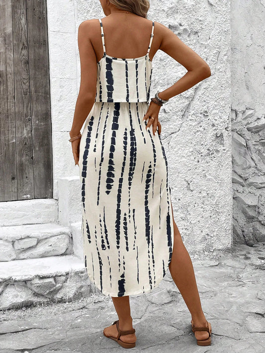 Women's Summer Spaghetti Strap Dress with Belt & Side Slit - Casual Sleeveless Flowy Dress