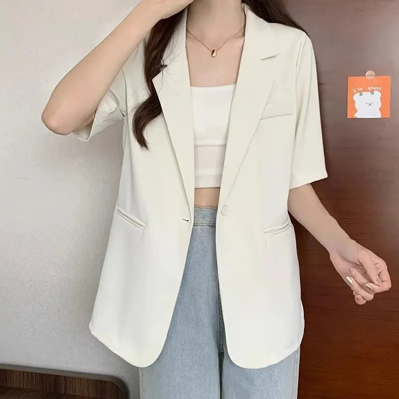 2026 Female Short Sleeved Suit Coat Women Summer Loose Fitting Solid Color Blazer Jacket Ladies Korean Leisure Tops Outerwear