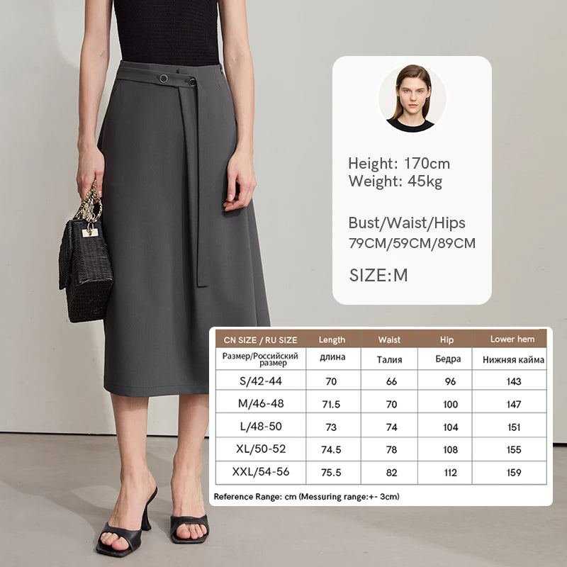 Minimalist Knee length Skirt Women Pleated A-line Loose Dress Elegant Commuting Style Belt Decoration Skirts 12522074