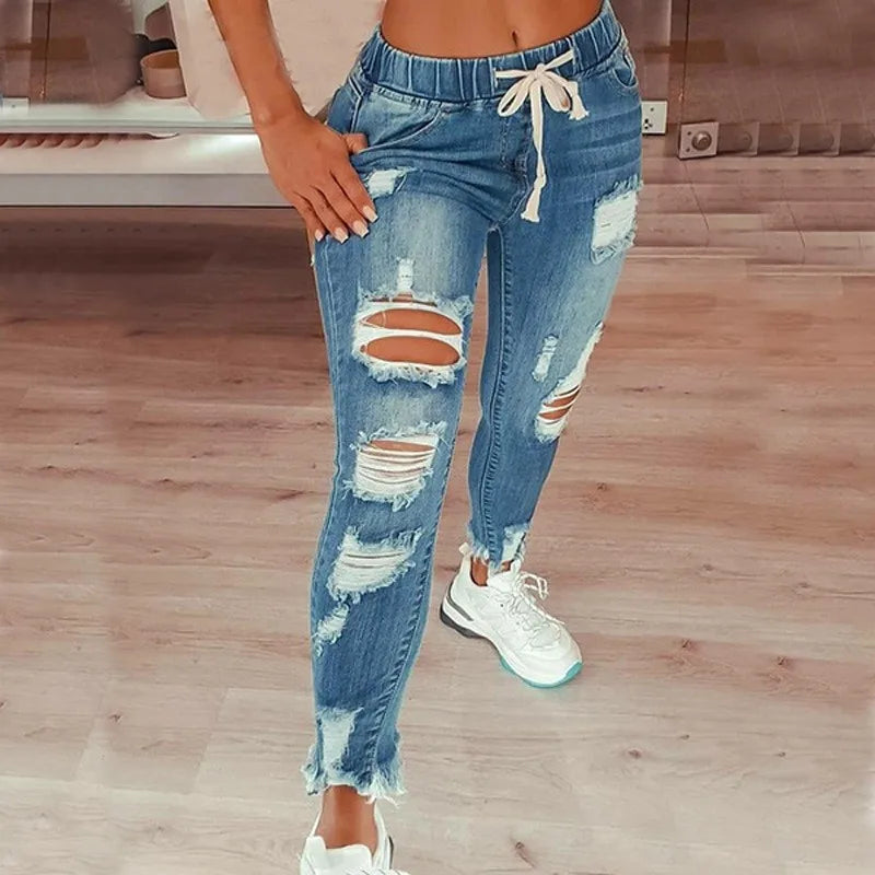 Women's S-5XL Size Tight Waist Jeans Women's Mid Waist Lace up Slim Fit Elastic Feet Pants Perforated Denim Pants
