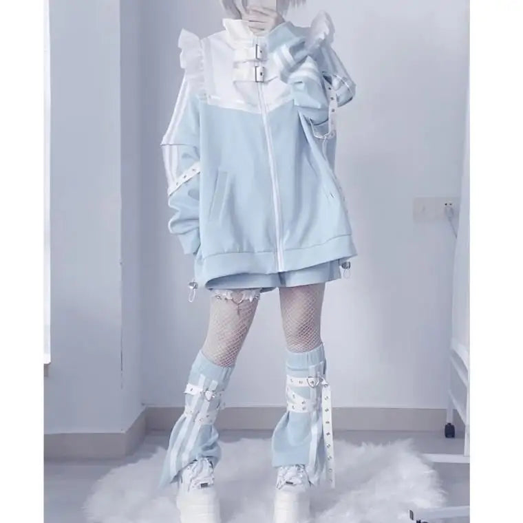 Japanese Subculture stitch Patchwork Hoodies Women's Autumn 2024 Ruffled Edge Harajuku Y2k Hoodie 2000s Loose Zipper Sweatshirts