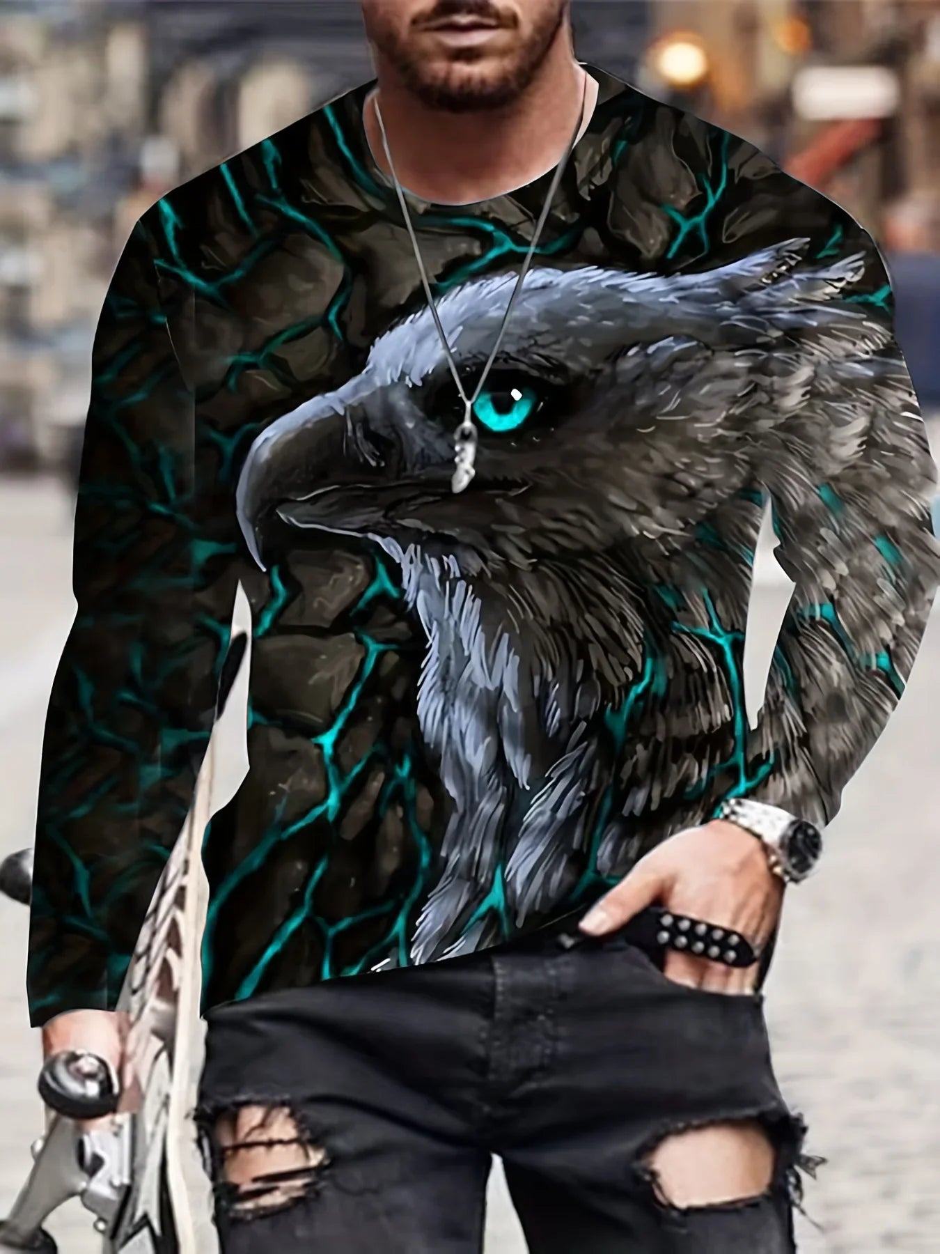 Men's Eagle Printed Long Sleeve Round Neck Retro Novelty T Shirt Autumn Fashion Large Size Long Sleeve Men's Shirt Clothing