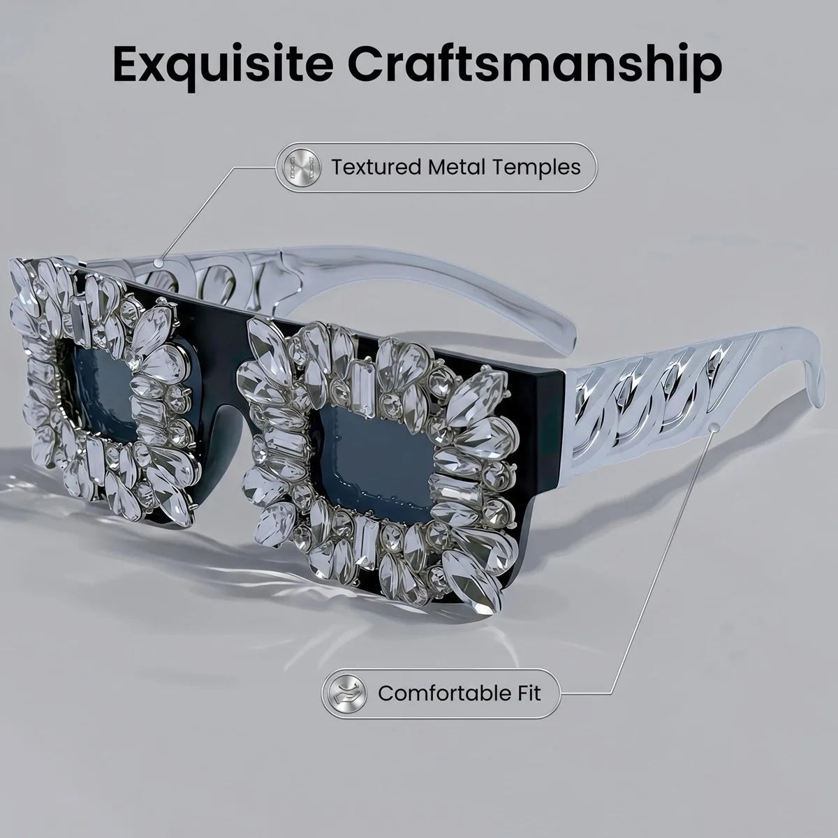 Exaggerated Bling Rhinestone Square Sunglasses Women Luxury Silver Chain Leg Statement Eyewear for Party Nightclub Rave Festival