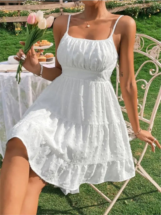 Women's White Swiss Dot Mini Dress Spaghetti Strap High Waist Ruffled Tiered Hem A Line Casual Summer Short Dress