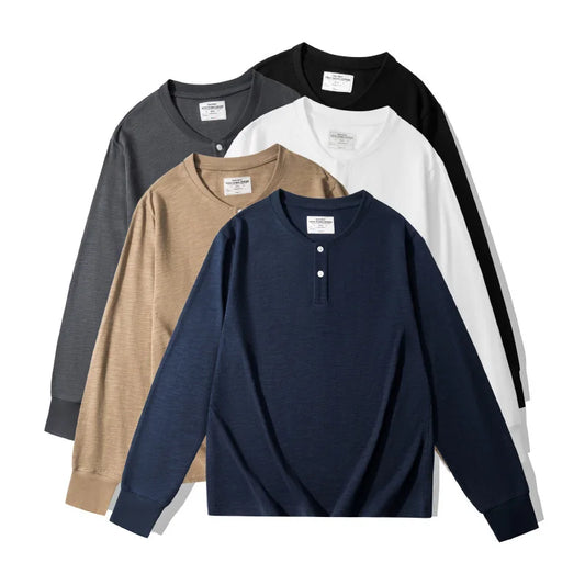 320g Slub Cotton Henley Shirt Vintage Casual Style Men's Long Sleeve T-Shirt Fall Basic Layer Tee Solid Color