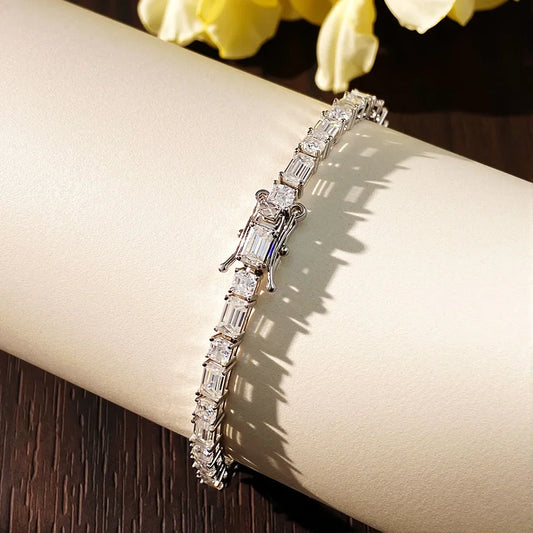 KNOBSPIN Bracelet de Tennis en Moissanite Coupe Émeraude/Ascher en Argent Sterling 925 Plaqué Or Blanc avec GRA Bracelets pour Femmes et Hommes