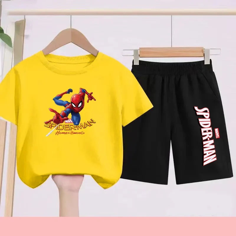 2026 Children's Sports Outfit with Spider Pattern Cartoon Print - T-shirt + Shorts Set, Suitable for Children Aged 3 To 13.