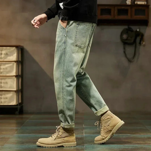 Men's Spring 2026 Loose Harem Pants Denim Retro Solid Comfortable Harajuku Straight Jeans Simple Fashion Versatile Cargo Trouser