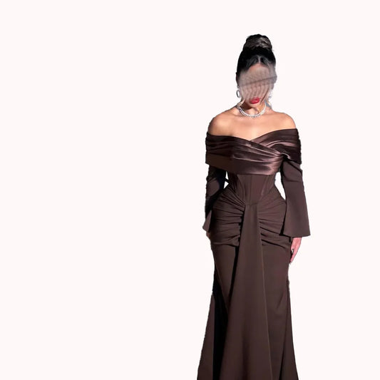 Brown Off the Shoulder Prom Dresses 2026 Long Sleeve Corset Mermaid Pleated Backless Lace-up Wedding Party Dress Customized