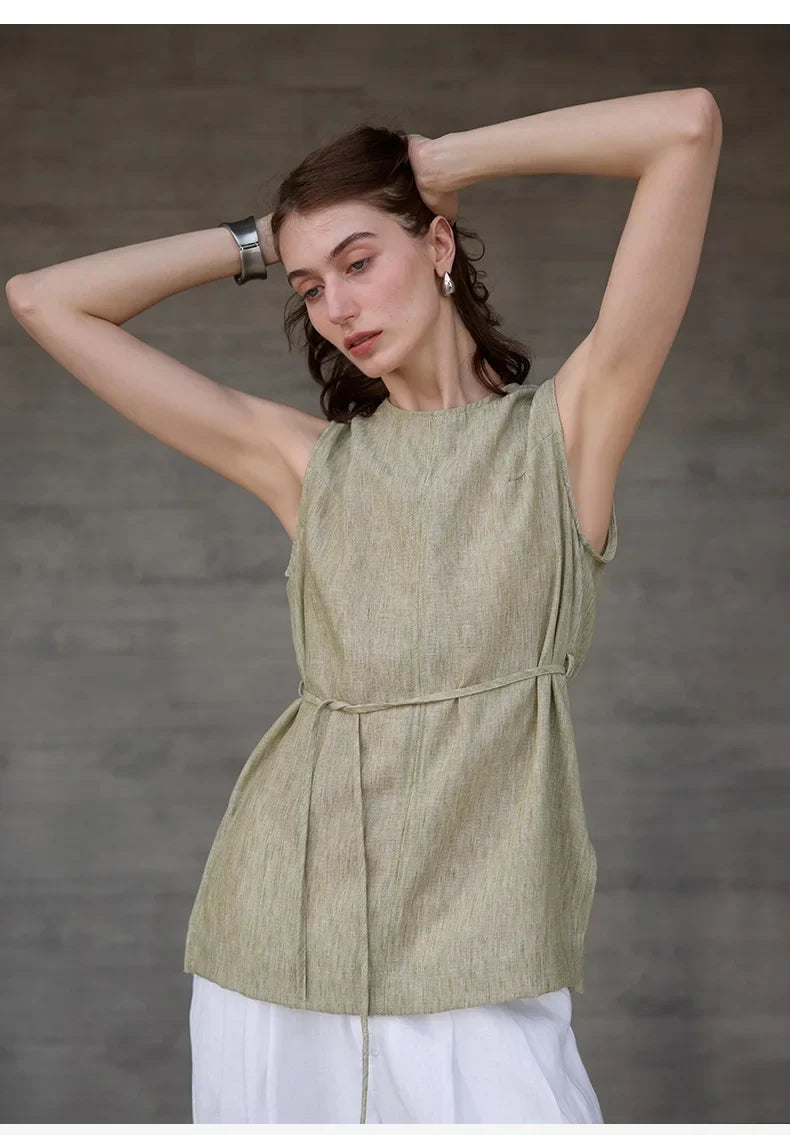100% Linen Mid-Length Round Neck Women's Tank Top American Vintage Ladies Top Mujer Summer Lace-up Loose Sleeveless Tops