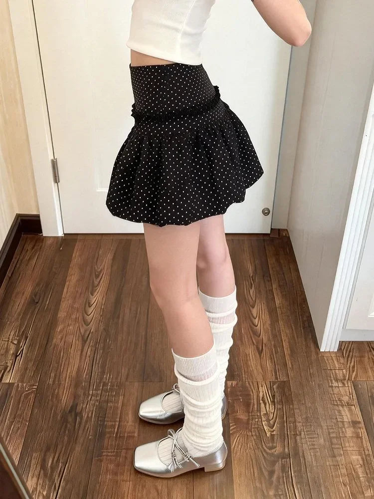 Summer Vintage Black Polka-dot Bud Skirt New Y2K High Waist Pure Desire Slim Fluffy Skirts Japanese Sweet Streetwear Clothing