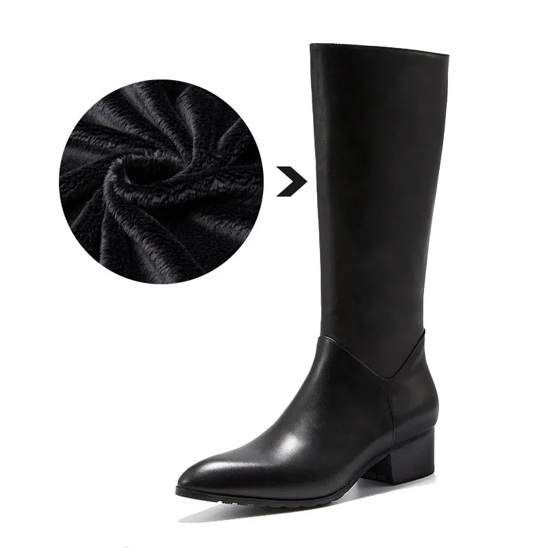 Italian Classic Men's Knee High Boots 5 Cm Heels Luxury Genuine Leather Comfortable Winter Warm Black Business Shoes Boots Man
