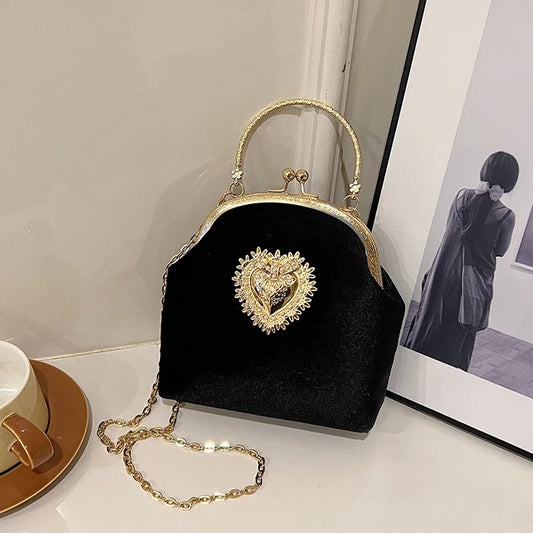 Chains Velvet Frame Heart Dinner Hand Bags Diamonds High Quality Shoulder and Crossbody Bags for Women 2024 Fashion Hot Sale