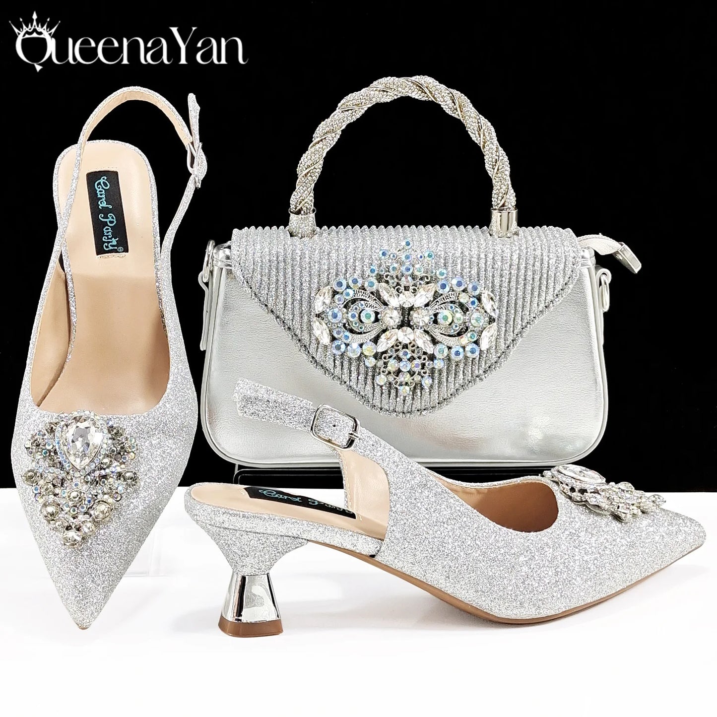 Italian Design Peach Color Pointed Toe Shoe & Bag Set Rhinestone Luxury Women's High Heels for Parties By QSGFC