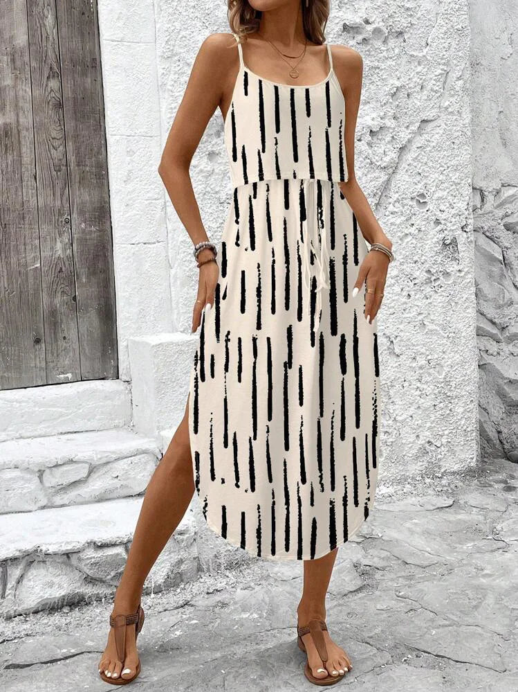 Women's Summer Spaghetti Strap Dress with Belt & Side Slit - Casual Sleeveless Flowy Dress
