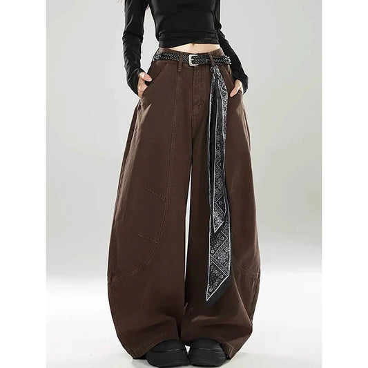 Women Brown Gothic Baggy Y2k Jeans Vintage Harajuku Gradient Jean Pants American 2000s Oversize Denim Trousers Autumn