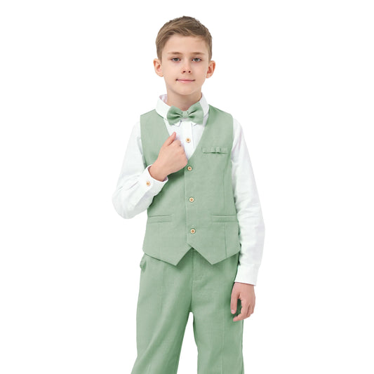 4Pcs Boys Linen Suit Dress Clothes Kids Graduation Wedding Outfit Shirt Vest Pants Set with Bow Tie 5-12 Years