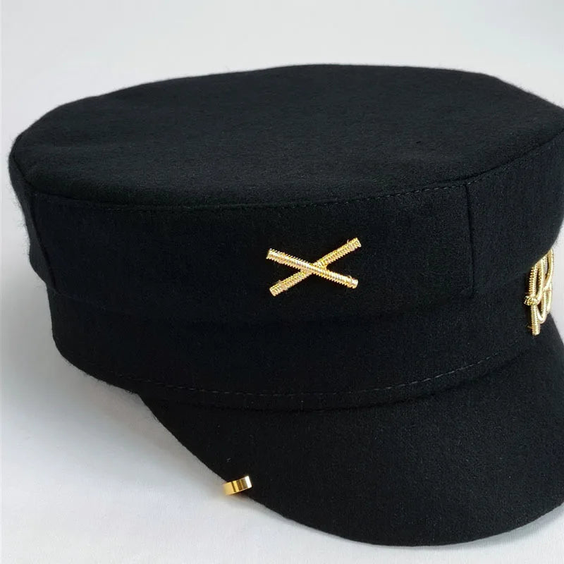 Brand New Autumn Winter Wool Hat with Metal Letter Logo Women Newsboy Cap with Earrings Flat Caps