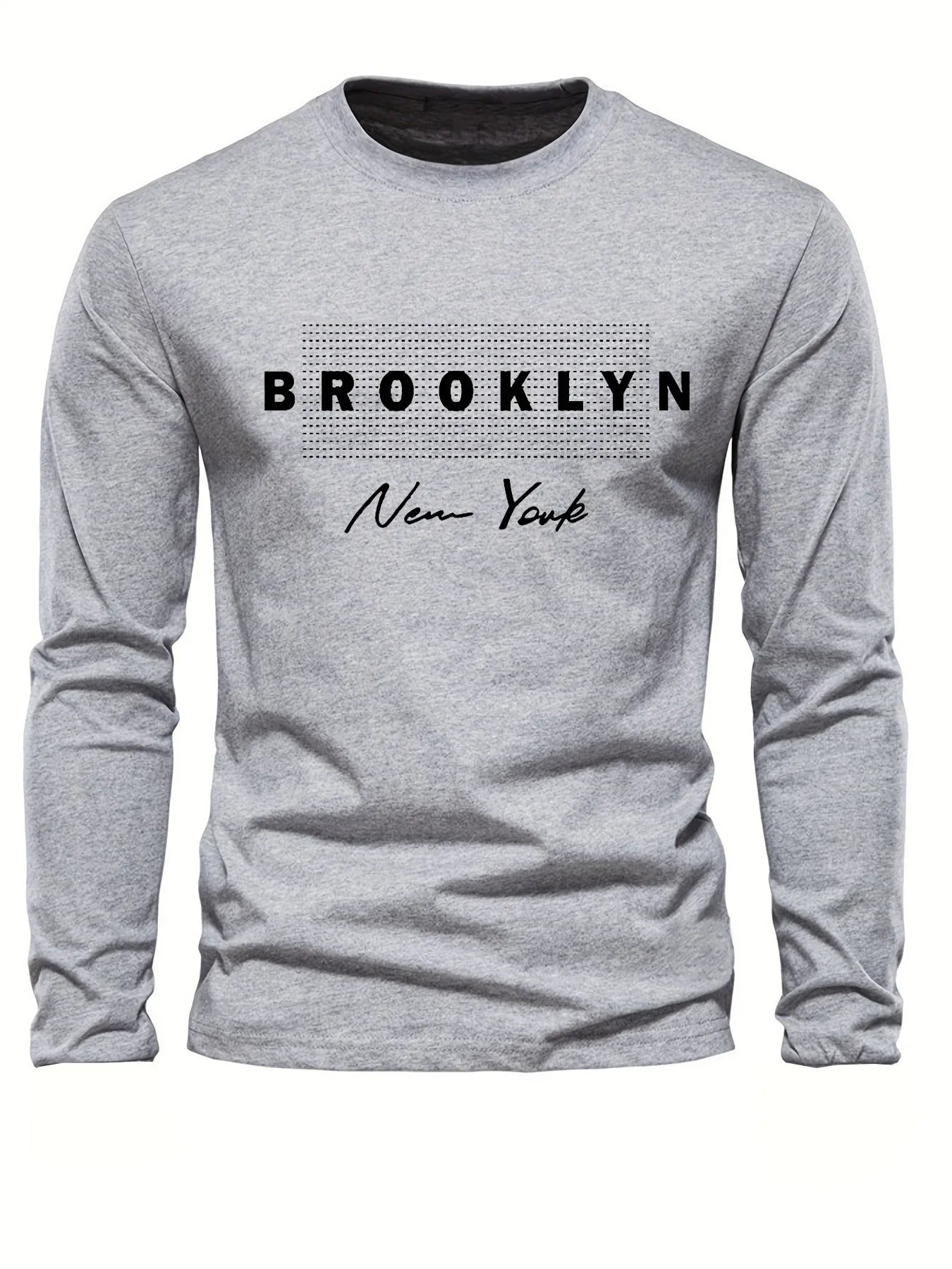 Men's 100% pure cotton loose and comfortable casual sports Brooklyn New York letter printed round neck long sleeved T-shirt top