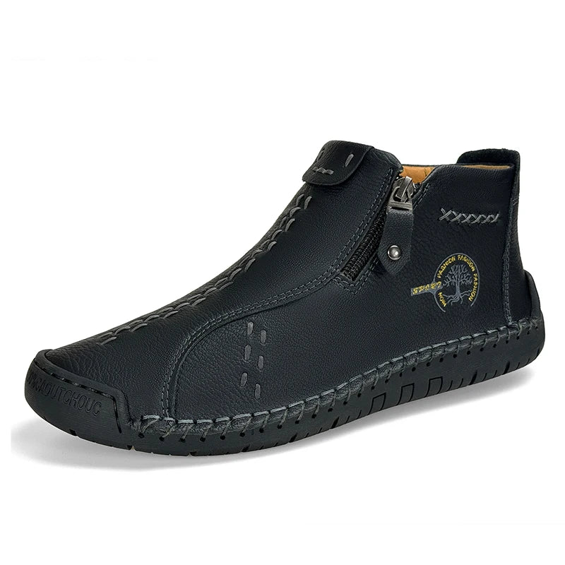 Classic Handmade Leather Men Shoes Zipper Design Outdoor Sneakers Slip On Breathable Casual Shoes Leather Men Ankle Boots