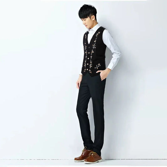 Four Seasons Suit Vest New Men's Fashion Contrast Embroidered Single Breasted Suits Waistcoat Workwear Groomsmen's Clothing