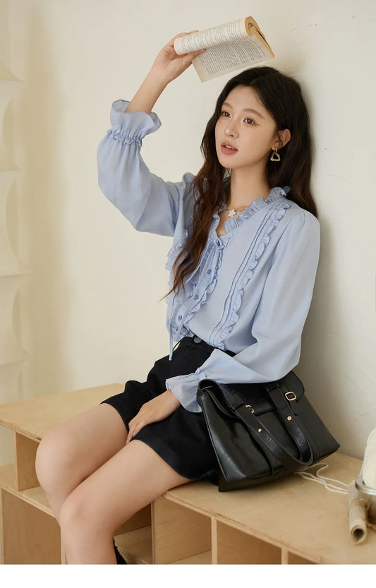 100% Lyocell Women's Blue Shirt 2025 Autumn French Ruffles Long Sleeves Ties Blouse Office Lady Elegant Top MXE45X2484