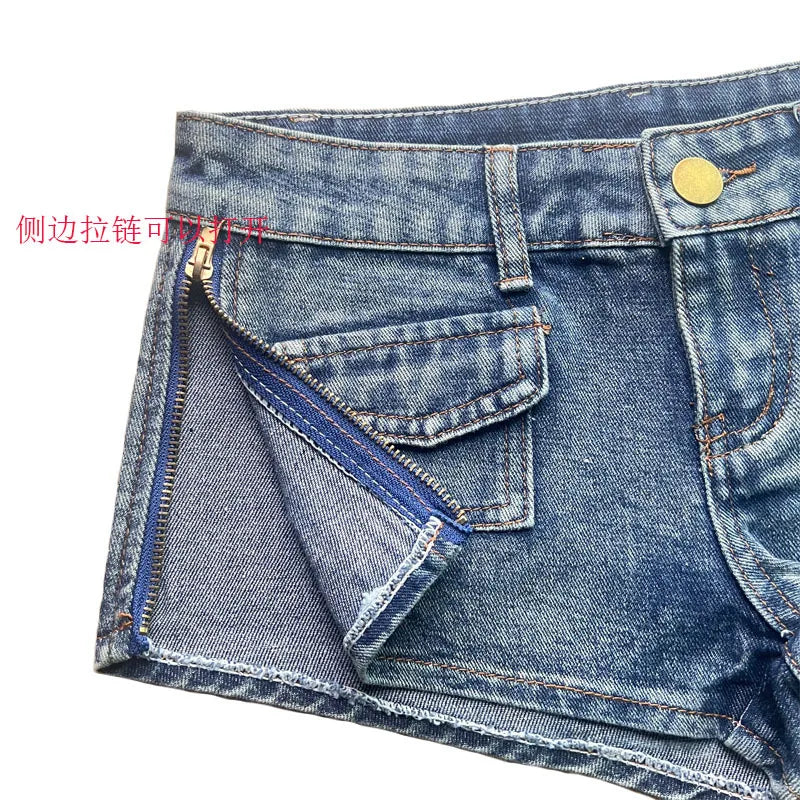 Sexy Side Zipper Split Denim Shorts Women Hot Pants Worn Out Nightclub Low Waist Jeans Y2k