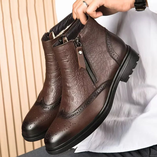 2025 Men Winter Plush Snow Boots Genuine Leather Men Side Zipper Ankle Boots Fashion Men Casual Low Top Shoes All-match Men Shoe