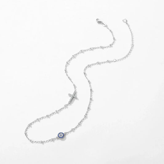 Simple Cross Beads Necklace Real 925 Sterling Silver Blue Zirconia Eye Link Chain Necklaces For Women Party Fine Jewelry