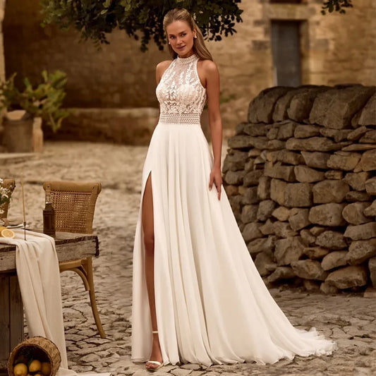 Wedding Dress Boho Bridal Gown Customized Halter Sleeveless Backless Lace Applique Split Chiffon Bride Dresses