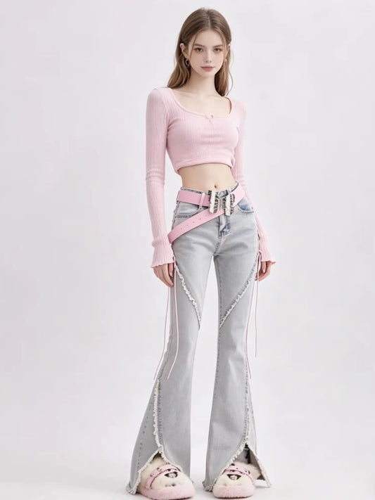 Harajuku Streetwear Retro Fashion Women High Waist Jeans Horn Fork Design Wide Leg Straight Loose Denim Trousers Y2K Baggy Pants