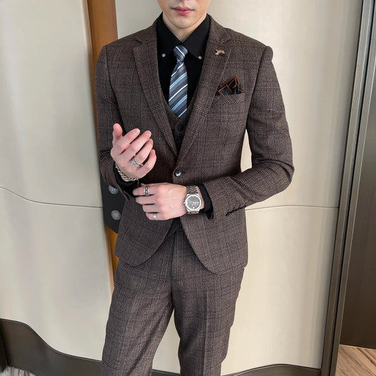 British Korean Style High Quality Modified Plaid Three-Piece Suit for Men - Stylish Business Casual Suit Vest And Trousers Set
