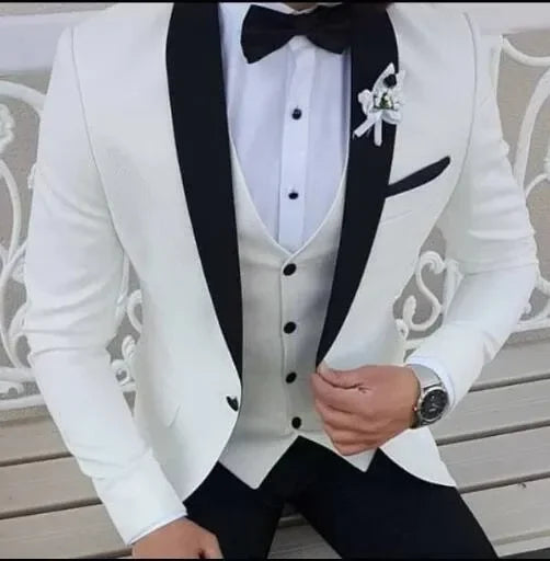 Slim Fit White Men wedding Suits 3 Pcs Black Shawl Lapel Groom Tuxedos Terno Masculino Prom Blazer Custome Made Jacket+Pant+Vest