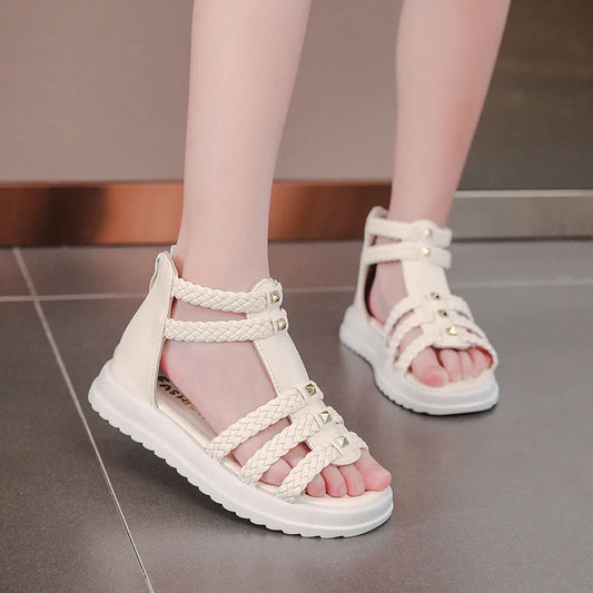 2026 Summer Gladiator Children Sandals Girl Soft Princess Shoes Retro Black Roman Sandal Outdoor Braided Shoe White Kids Shoes