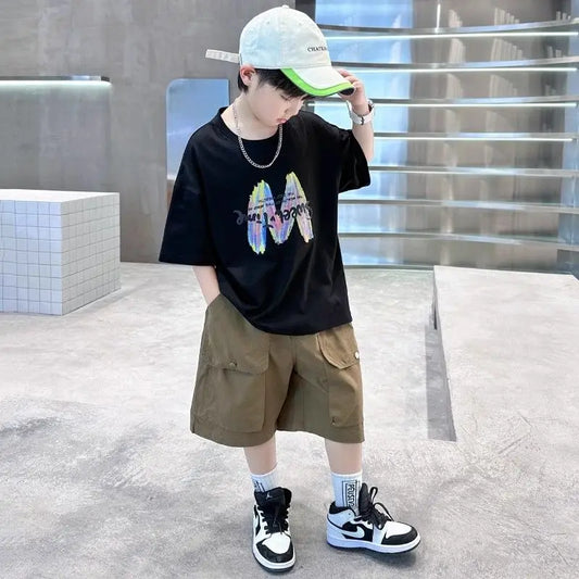 Printing Clothes for Boy Summer Set 2025 New Children's Clothing Boys Kids Top Bottom Elementary Student Men's T-shirts Korean
