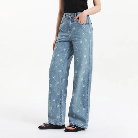 All Over Print Denim Pants Women Sweet Niche 2025 Summer New Cotton Wide Leg Trousers