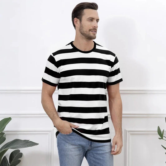 Black White Striped T-Shirt Men Basic Crewneck Short Sleeve Casual Daily Tops Halloween Costume Theme Party Tee Clothes