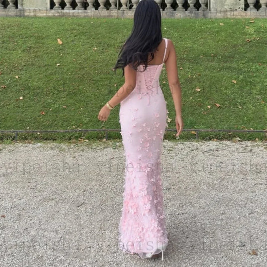 Customized square collar mermaid Evening Dresses spaghetti strap Party Dress 3D Flowers Sequined Lace Appliques Long Prom Gown